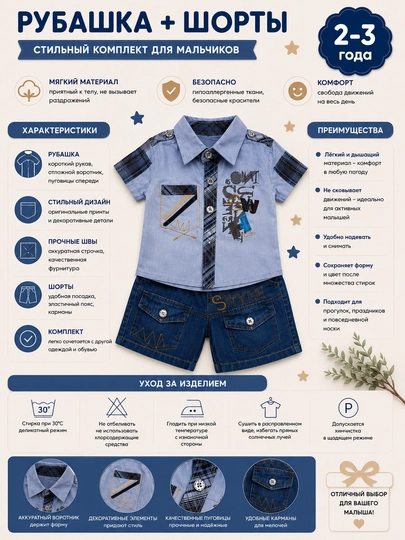 Костюм для мальчиков Özbebek, рубашка и шорты, модель Stylish, 2–3 года,хлопковый комплект