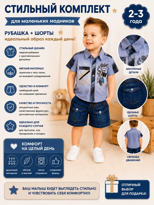 O‘g‘il bolalar uchun kostyum Özbebek, ko‘ylak va shorti,Stylish 2–3 yosh,paxtali to‘plam - 