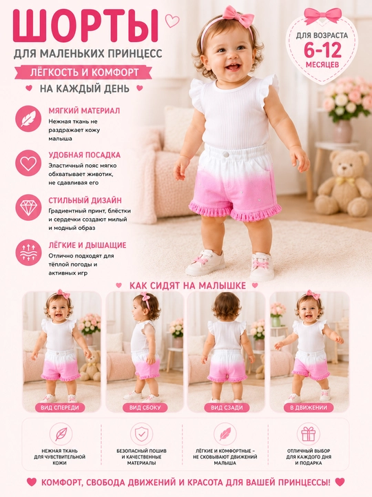 Детские шорты Özbebek Gradient Heart для девочек, хлопковые, с рюшами, 6–24 месяца - 