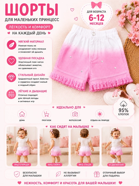 Детские шорты Özbebek Gradient Heart для девочек, хлопковые, с рюшами, 6–24 месяца