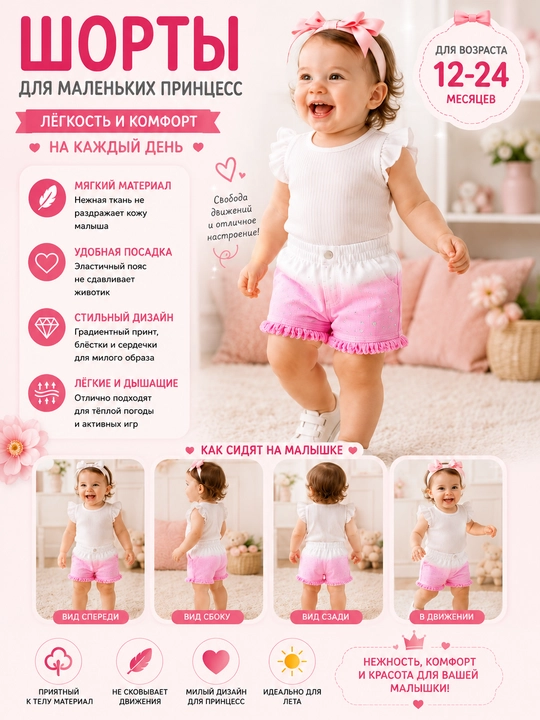 Детские шорты Özbebek Gradient Heart для девочек, хлопковые, с рюшами, 6–24 месяца - 
