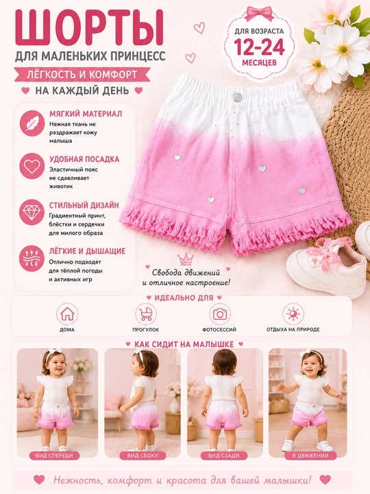 Детские шорты Özbebek Gradient Heart для девочек, хлопковые, с рюшами, 6–24 месяца