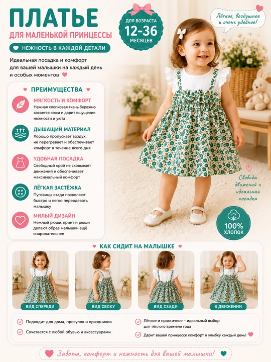Qizchalar uchun ko‘ylak Özbebek Princess Bloom, 100% paxta, yengil, 12–36 oylik - 