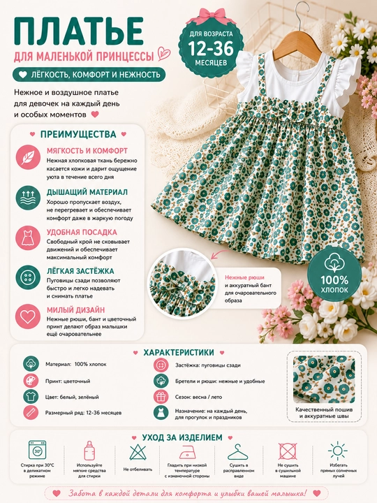 Платье детское Özbebek Princess Bloom для девочек, 100% хлопок, легкое, 12–36 месяцев