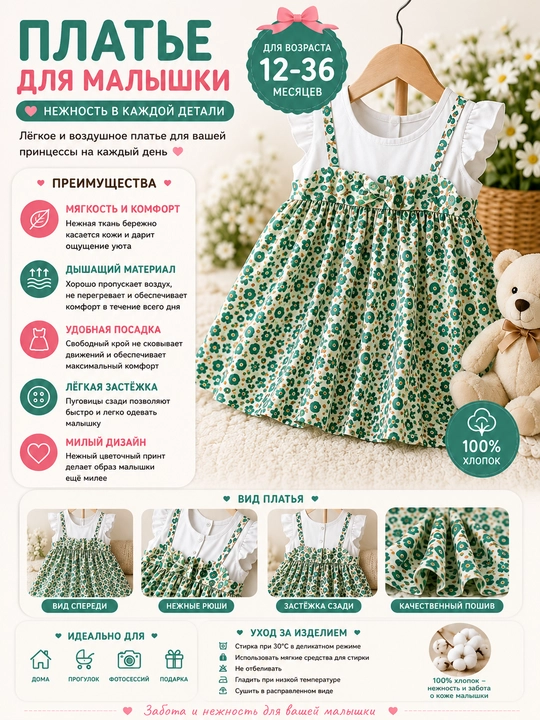 Платье детское Özbebek Princess Bloom для девочек, 100% хлопок, легкое, 12–36 месяцев