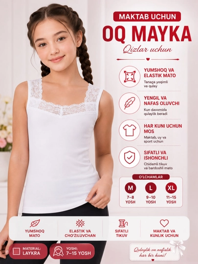 Qizlar uchun oq krujevali ichki mayka, maktab formasi ostiga, 7–15 yosh, M–XL