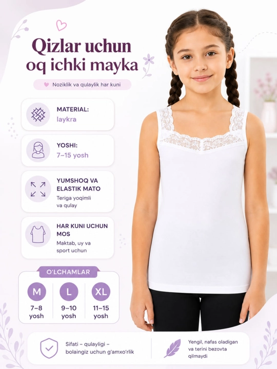 Qizlar uchun oq krujevali ichki mayka, maktab formasi ostiga, 7–15 yosh, M–XL