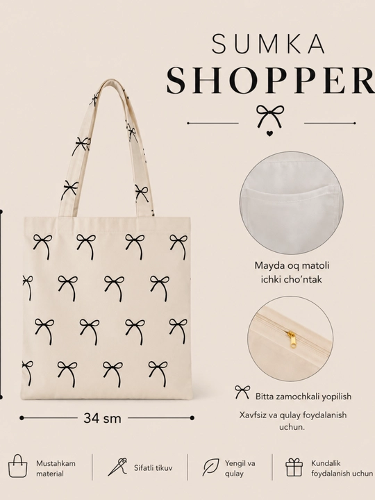 Ayollar uchun sumka-shopper, yelkama, 37*34 sm - 