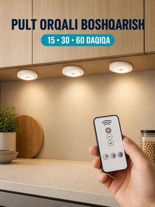 LED chiroq pultli, 3 dona, taymerli shkaf va mebel yoritgichi