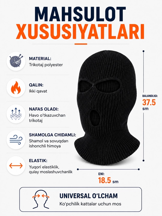 Qishki 3 teshikli trikotaj balaklava - issiq, shamoldan himoyalovchi, universal