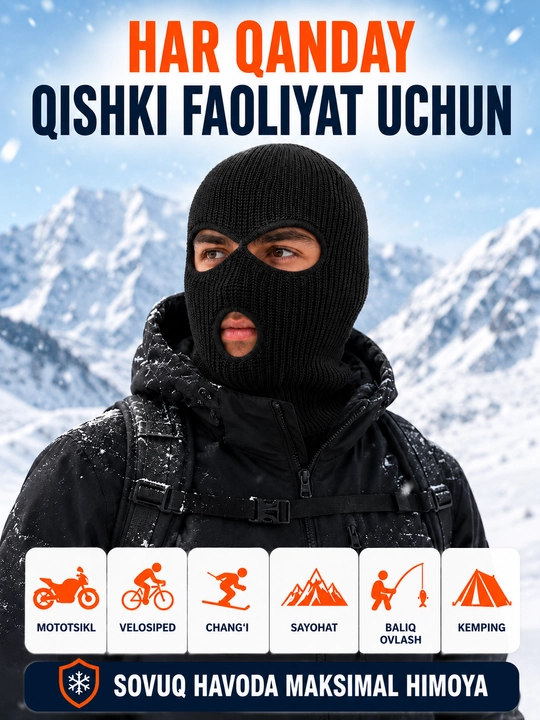 Qishki 3 teshikli trikotaj balaklava - issiq, shamoldan himoyalovchi, universal