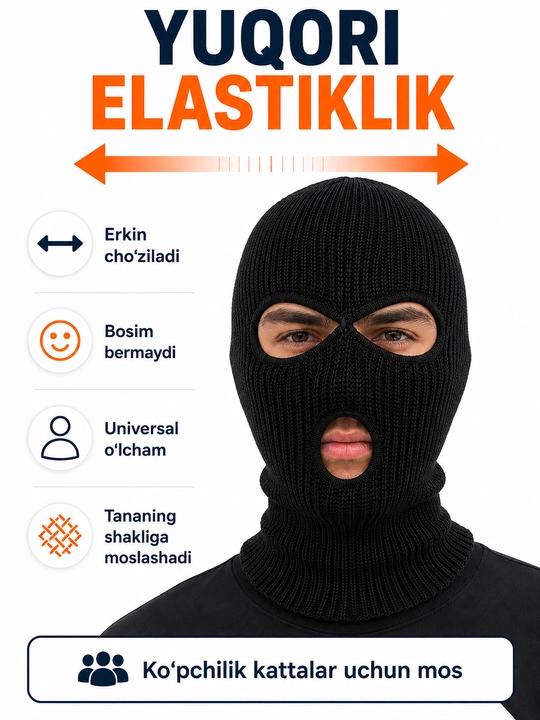 Qishki 3 teshikli trikotaj balaklava - issiq, shamoldan himoyalovchi, universal