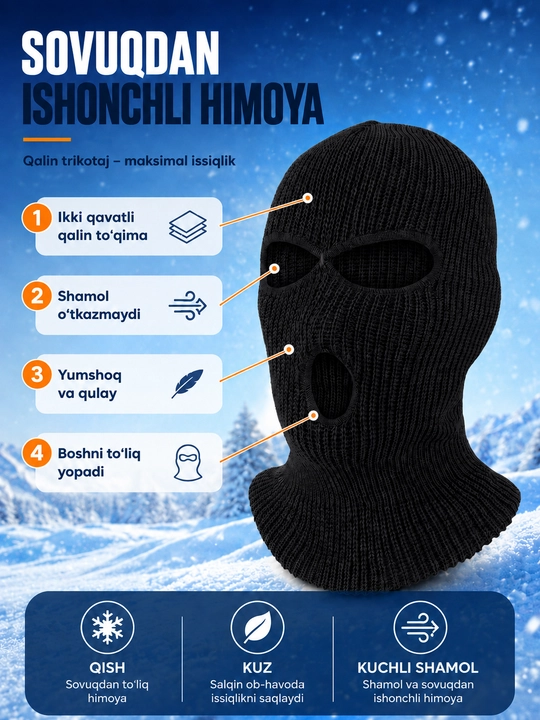Qishki 3 teshikli trikotaj balaklava - issiq, shamoldan himoyalovchi, universal