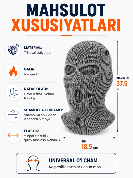 Qishki 3 teshikli trikotaj balaklava - issiq, shamoldan himoyalovchi, universal