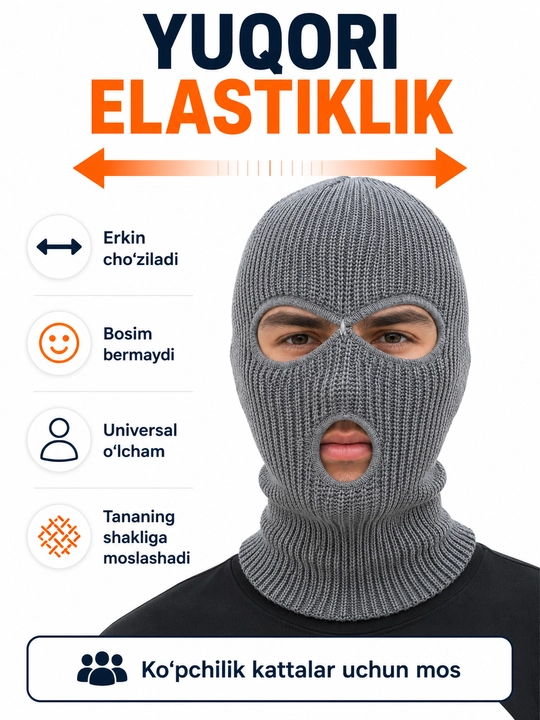 Qishki 3 teshikli trikotaj balaklava - issiq, shamoldan himoyalovchi, universal