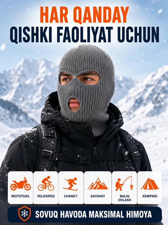 Qishki 3 teshikli trikotaj balaklava - issiq, shamoldan himoyalovchi, universal