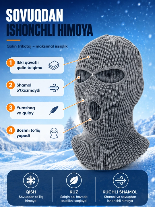 Qishki 3 teshikli trikotaj balaklava - issiq, shamoldan himoyalovchi, universal