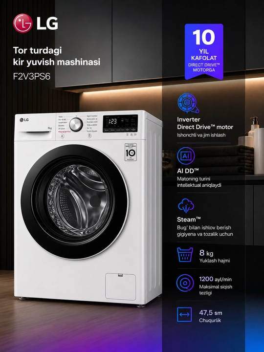Kir yuvish mashinasi LG F2V3PS6 14 ta dastur, A+++, Inverter, AI Direct Drive, 8 kg - 