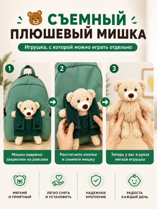 Детский рюкзак с плюшевым съемным мишкой, рюкзак для сада, прогулок и путешествий