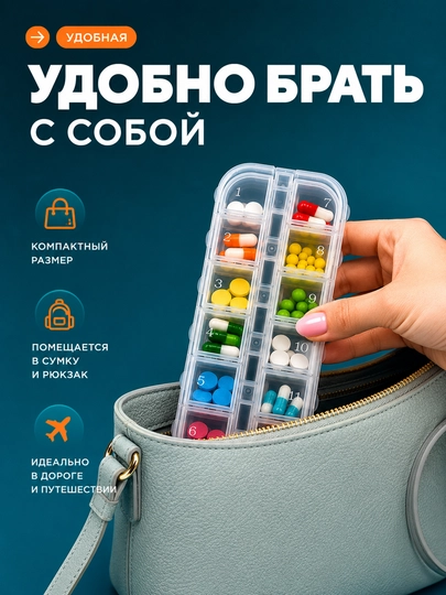 Таблетница органайзер, контейнер, неделька для хранения таблеток, день и вечер 7 дней