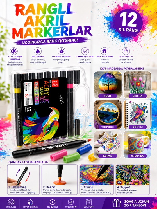 Akril markerlar, 12 rangli to‘plam, rasm chizish uchun marker, suvli markerlar