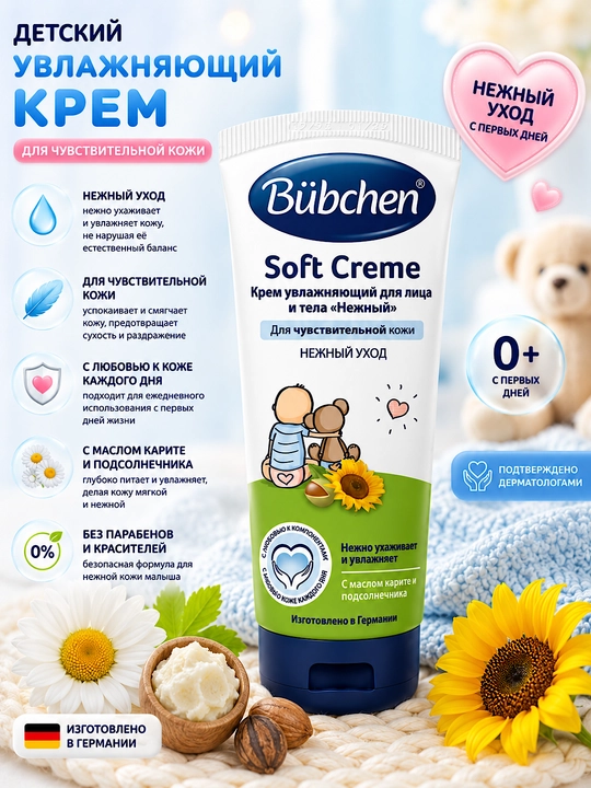 Bolalar uchun namlantiruvchi krem, yuz va tana uchun, 75 ml, sezgir teri uchun - 