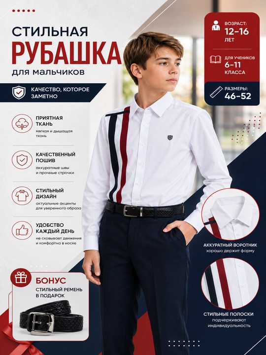 Школьные рубашки с длинным и коротким рукавом для мальчиков (5–9-е классы, размеры 46–52)