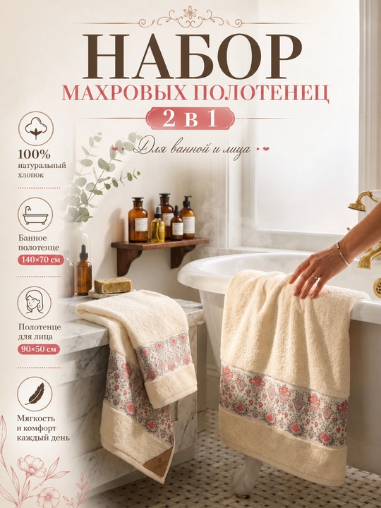 Sochiqlar to'plami 2 tasi 1 da, hammom, yuz va soch uchun, yumshoq va mayin - 