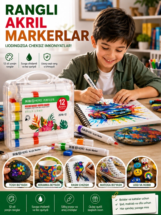 Akril markerlar, 12 rangli to‘plam, rasm chizish uchun marker, suvli markerlar