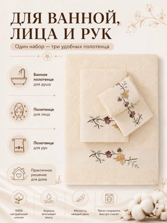 Naqshinkor sochiqlar to‘plami, 3 tasi 1 da, kashta tikilgan, vanna, yuz va qo‘llar uchun