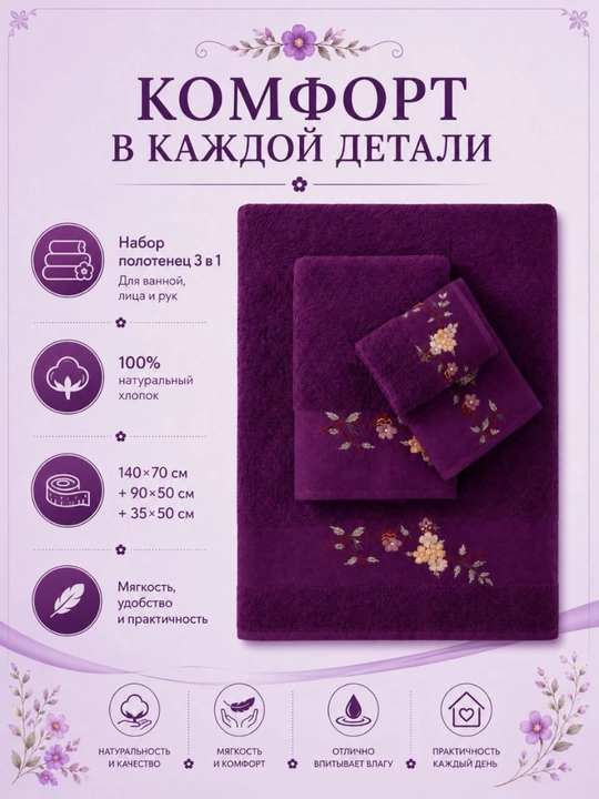 Naqshinkor sochiqlar to‘plami, 3 tasi 1 da, kashta tikilgan, vanna, yuz va qo‘llar uchun