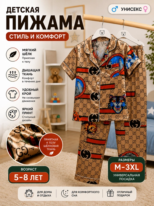 Bolalar uchun uniseks pijama Silk Comfort, yumshoq mato, ko‘ylak va shim to‘plami, 5–8 yosh - 