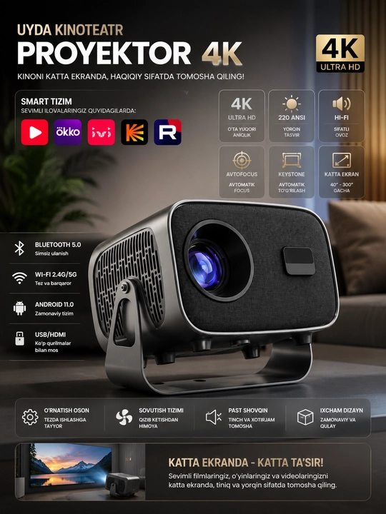 Проектор для фильмов A10Plus, проектор 4K на Android + Wi Fi, Bluetooth, HDMI