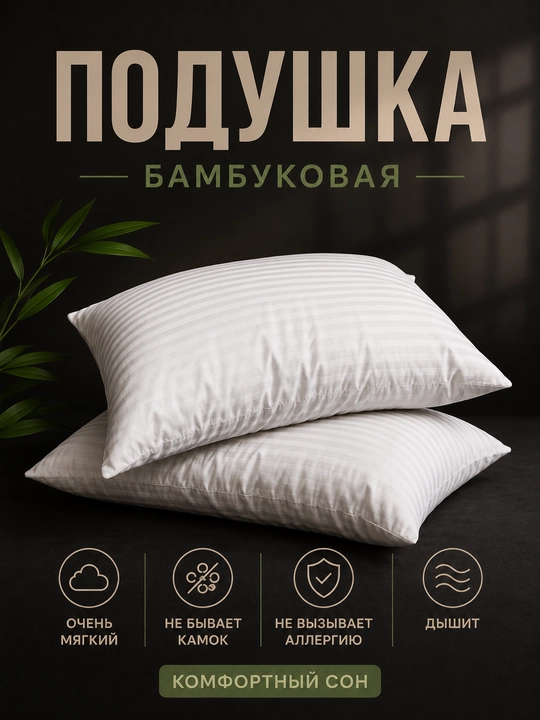 Подушка бамбуковая, мягкая, гипоаллергенная, 50 × 70 см - 