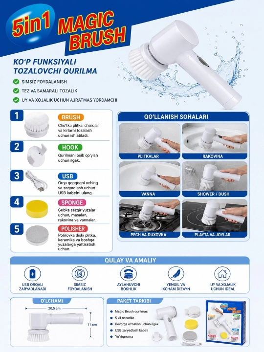 Tozalash uchun universal elektr cho'tka Magic Brush 5 tasi 1 da