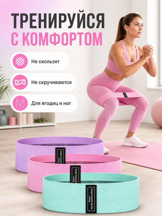 Тканевые фитнес-резинки с 3 уровнями сопротивления, набор из 3 штук - 