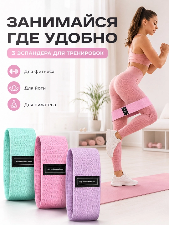 Oyoq va dumba uchun matoli fitnes rezinalari, 3 dona to‘plam  