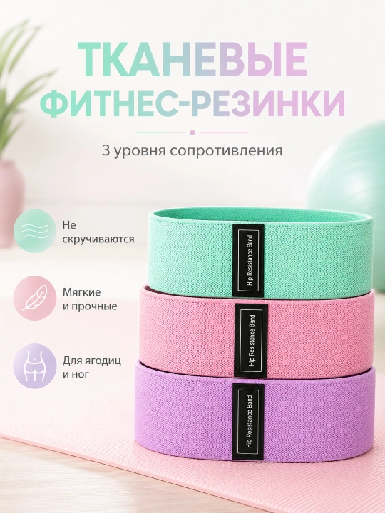 Oyoq va dumba uchun matoli fitnes rezinalari, 3 dona to‘plam  