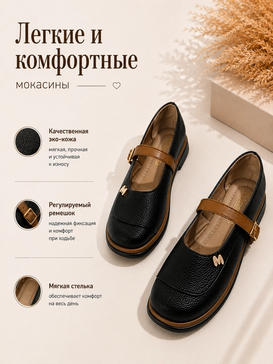 Женские мокасины с регулируемым ремешком, эко кожа, размер 36–40