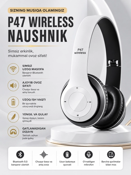 P47 Wireless Bluetooth Quloqchin – Stereo Ovoz, Mikrofon, TF Karta va AUX Ulanish - 