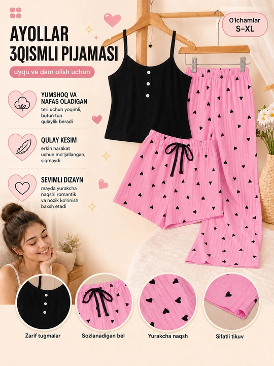 Uchtalik ayollar pijamasi, uy kiyimi to‘plami; mayka, shim va shortilar, yurakchalar bilan - 