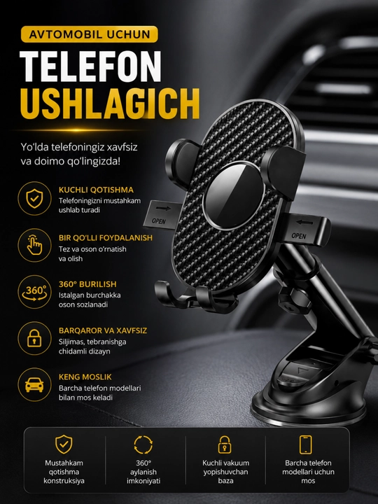 Universal Avtomobil uchun Telefon Ushlagich (360° Aylanuvchi) - 