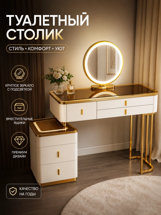 Зеркало для макияжа со светодиодной подсветкой, ящиками и тумбочкой - 