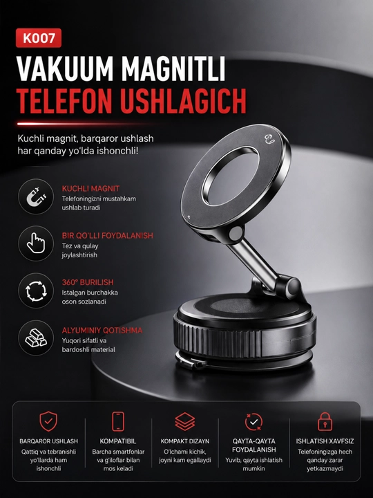 Kuchli magnit bilan 360° ga aylanadigan magnitli avtomobil telefon ushlagichi - 
