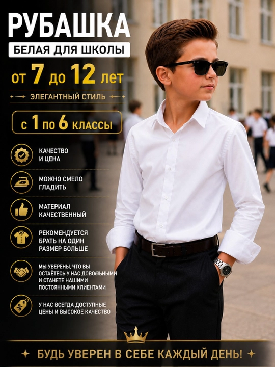 Школьная рубашка для мальчиков: белая, классическая, длинный рукав