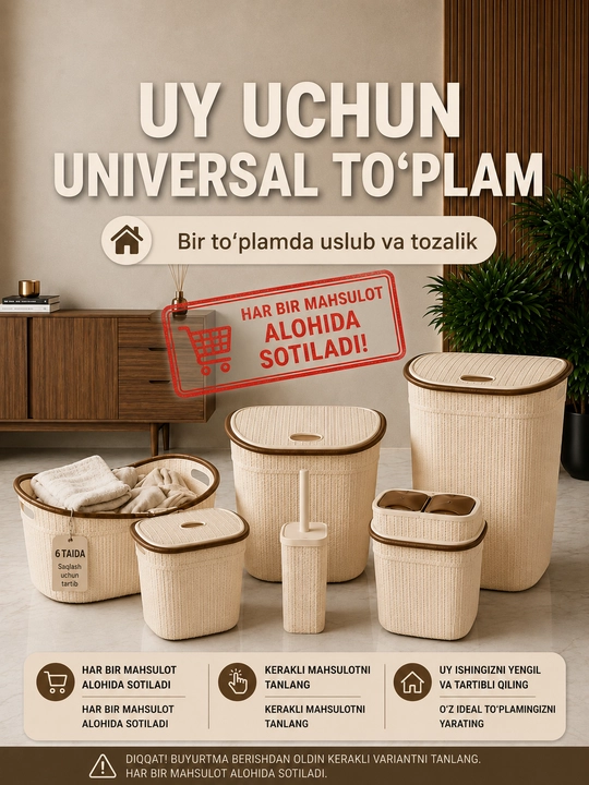 Zamonaviy uy uchun qulay to‘plam, kir savat, saqlash va chiqindi qutisi, tualet chotka - 