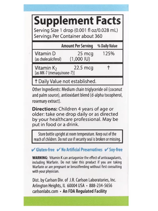 Витамины D3 + K2, Carlson, 1000 ME, 10.16 мл