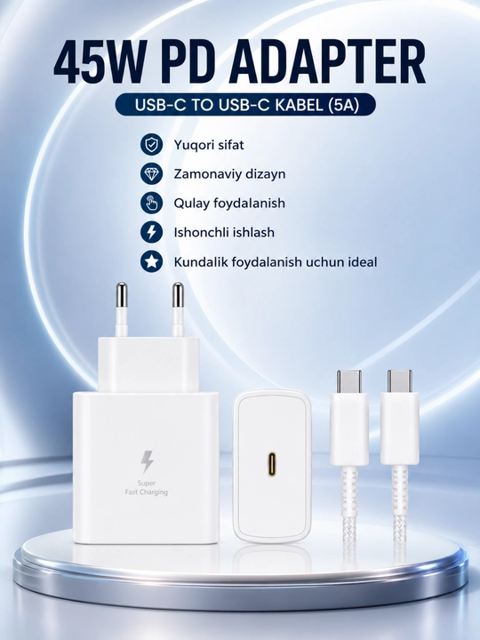 45W PD Tezkor Zaryadlovchi Adapter – USB-C 5A Kabel bilan Fast Charge Komplekti - 
