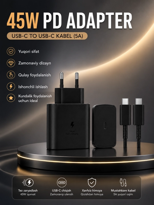 45W PD Tezkor Zaryadlovchi Adapter – USB-C 5A Kabel bilan Fast Charge Komplekti - 