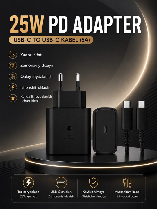 Tez zaryadlash uchun USB-C dan USB-C gacha kabelga ega 25 Vt PD tez zaryadlash qurilmasi - 